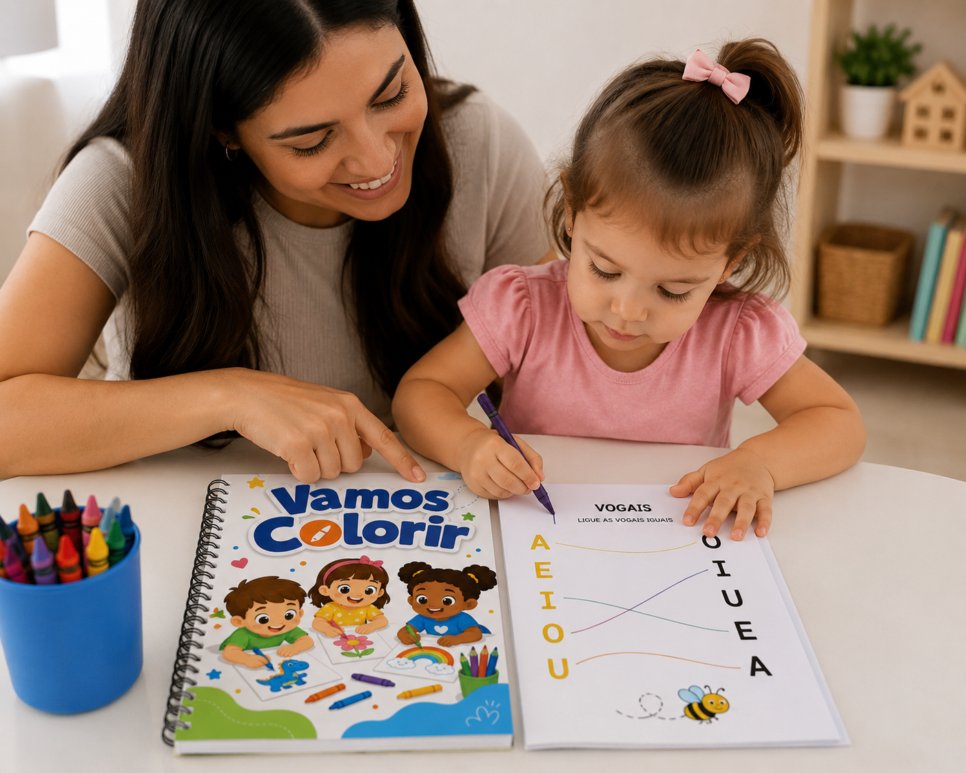 Mãe e criança realizando atividades educativas juntas